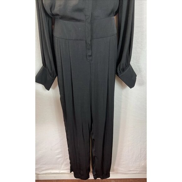 Free People Black Satin long sleeve Jumpsuit Size LG button down - Picture 2 of 16